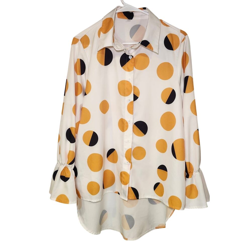 Women's Polka Dot Asymmetrical Shirt with Flared Sleeve, Size L